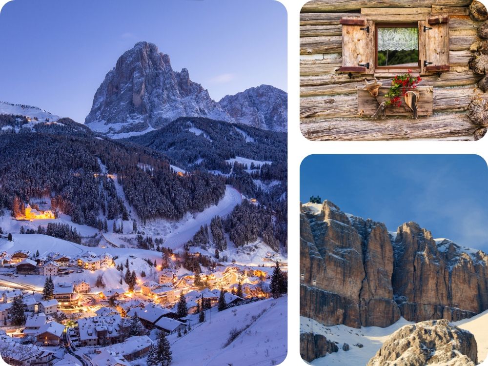 Knus dorp in de Dolomieten in maart